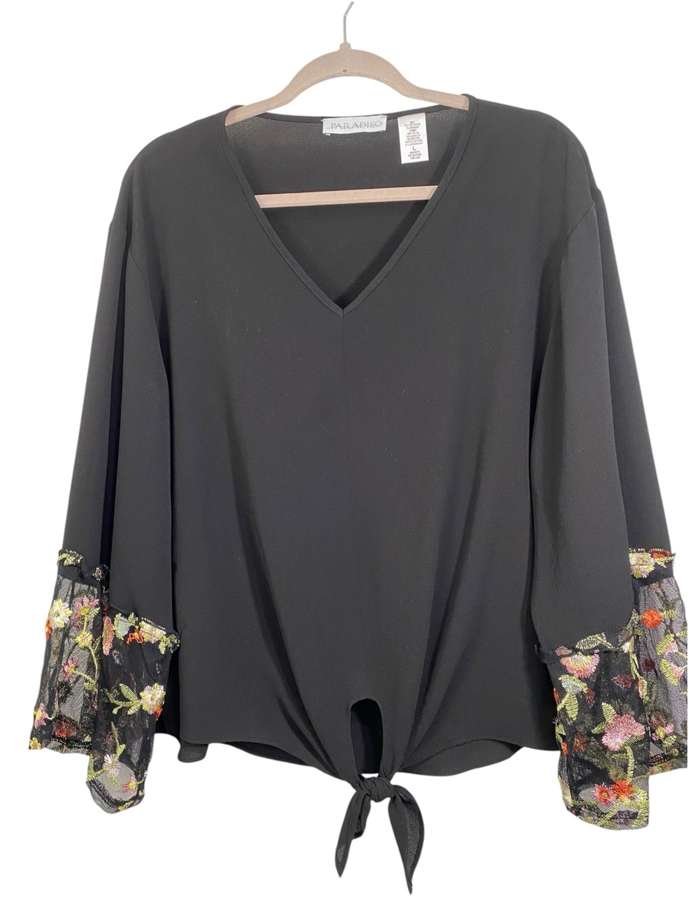 Paradiso Tie Front Embroidered Cuff Top